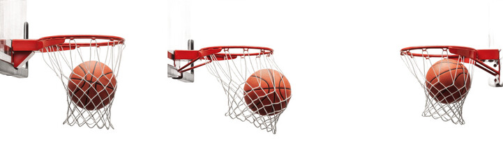 : Set of basketball falling through net and rim from different angles isolated on white background,