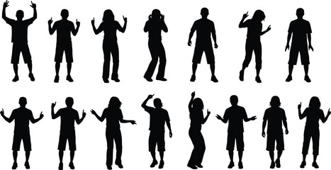 Obraz premium Dancing People Silhouette Set Showing Casual Dance Moves, Party Gestures, Clubbing Actions, and Fun Body Language Poses for Music, Event, and Lifestyle Design Use