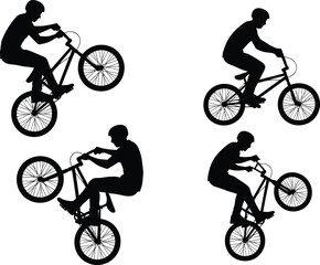 Obraz premium BMX Rider Silhouette Collection Showing Extreme Bicycle Stunts, Wheelie Tricks, and Urban Cycling Action Poses for Sports Design and Advertising Use