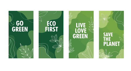 Collection of Eco-Friendly Vertical Posters with Green Themes and Nature Motifs © galang