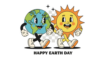 Retro Earth and Sun characters celebrating Happy Earth Day with cheerful expressions