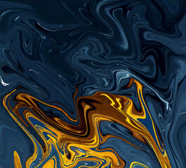 Obraz premium Abstract liquid marble texture background featuring deep navy blue waves dramatically contrasted with vibrant flowing gold and rich dark brown swirls creating sophisticated fluid art