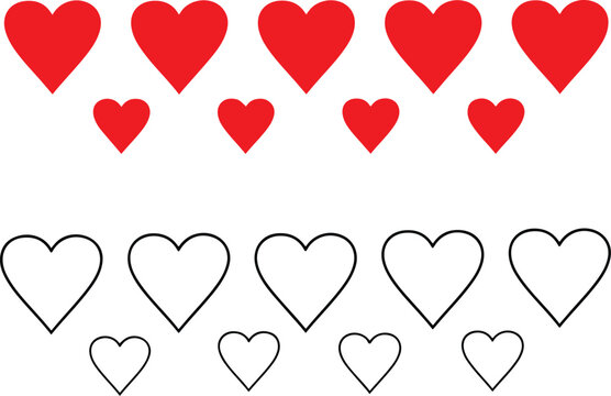 Red and outline heart shapes in rows on white background hearts