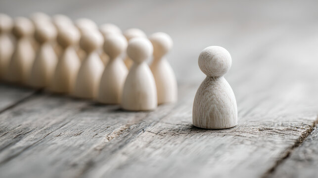 Minimalist Wooden Figure Leading A Long Ordered Diagonal Row Of Identical Peers