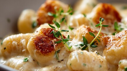 Close-up view of creamy gnocchi with pan-seared toppings and fresh herbs.