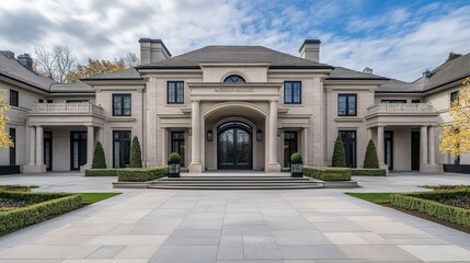Fototapeta premium stately. The grand entrance of an elegant mansion, showcasing architectural beauty and symmetry under a blue sky. real-estate listings.