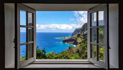 A serene ocean view through an open window