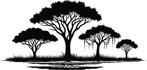 Black and white vector illustration of African savanna acacia tree silhouettes with grass and roots on a white background for minimalist nature landscape design © MdMeherul