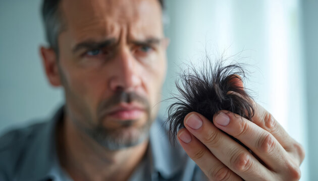 Worried man looks at clump of fallen hair. Male pattern baldness concern shown closeup. Person examining hair loss, thinning hair or alopecia. Man seeks treatment.