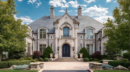 stately. The grand entrance of an elegant mansion, showcasing architectural beauty and symmetry under a blue sky. real-estate listings.