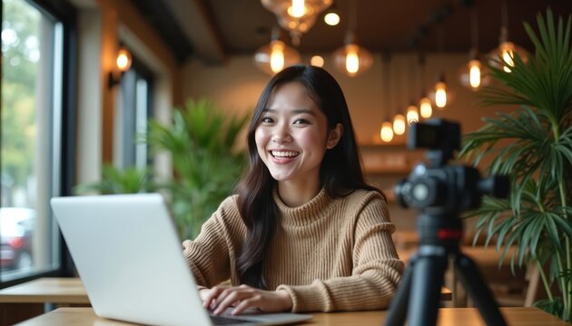 Young Asian woman smiles at camera recording video blog with laptop and camera. She works remotely in cafe, creates online content, shares life experiences.