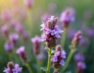 Obraz premium Wild thyme blossoms in soft light. Purple tiny flowers grow in field, garden. Medicinal herb plant, botanical detail. Nature beauty, soft focus background.