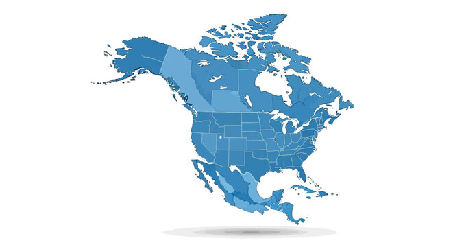 Political Map of North America Showing Provinces and States in Various Shades of Blue