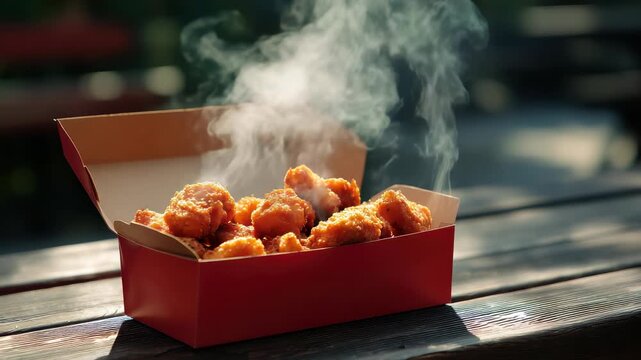 Freshly cooked chicken nuggets in a red box steam as they sit on a picnic table. Friends gather in the park to share a tasty meal on a sunny afternoon