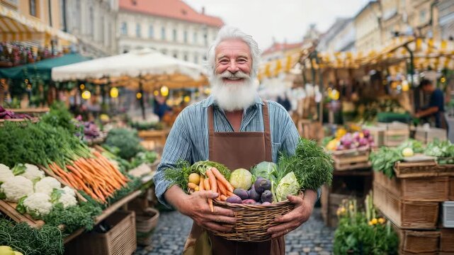 An elderly man with a white beard holds a basket full of fresh organic vegetables at a local farmers market. Colorful stalls and urban street provide a lively setting during daytime