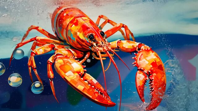 Colorful digital illustration of red lobster underwater
