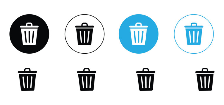Trash Can Icon Set. Vector delete, remove, and waste buttons. Collection of flat round black and blue recycle bin symbols for web interface.

