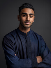 Obraz premium A young man with dark skin and short black hair wearing a navy blue shirt with a textured pattern stands confidently with his arms crossed against a dark gray background.