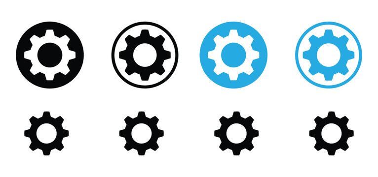 Settings Gear Icon Set. Vector cogwheel, configuration, and options buttons. Collection of flat round black and blue mechanical symbols for user interface design.

