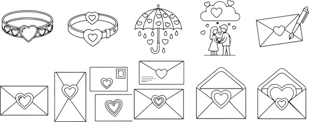 Romantic love line icons set with heart envelopes, umbrella and couple