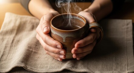 Close-up of hands holding a steaming brown mug on a beige cloth
