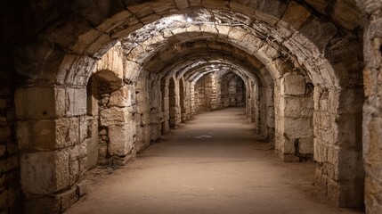 Fototapeta premium catacomb. An ancient stone tunnel with an arched ceiling and carved wall niches. real-estate listings, architecture portfolios, designed for real-estate listing and luxury residence showcases.
