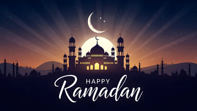 Happy ramadan greeting card with mosque silhouette at sunset with crescent moon