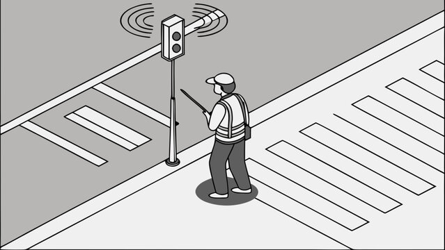 Overhead drone view (top-down) of a surveyor standing on a road marking with GNSS pole, waves from pole, vector Illustration