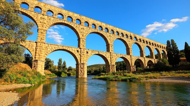 The Pont du Gard, ancient Roman aqueduct crossing the Gardon River in France