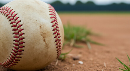 Close-up of a baseball on a dirt infield with green grass in the background, ready for a game