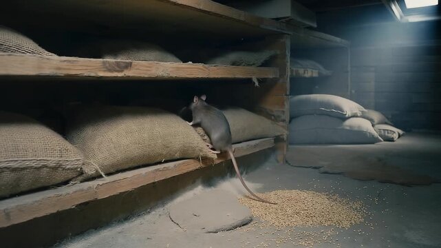 A grey rat climbs uneven burlap sacks in a dark basement. The sacks are fraying and spilling grain dust. Broken shelves surround the area, showing an abandoned storage space