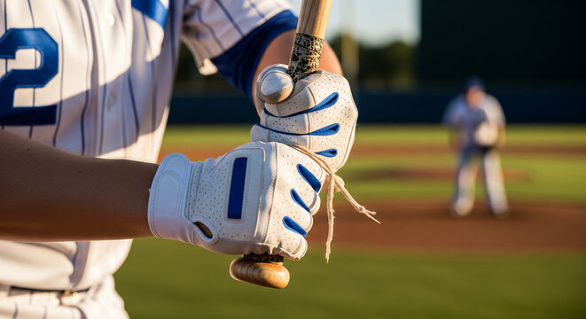Close-up of a baseball player gripping a bat with white batting gloves, ready to swing on the field during a game