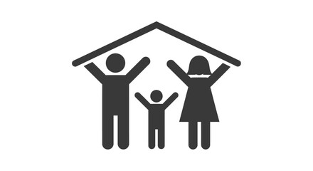 Happy Family Icon with Open Arms Under Protective House Roof, Symbolizing Shelter