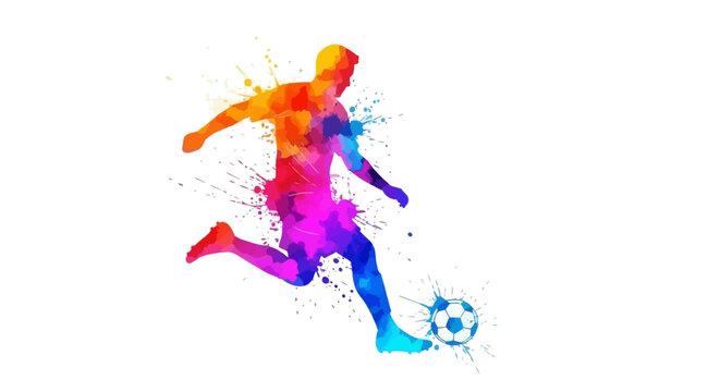 Dynamic Watercolor Soccer Player Splashing Colors While Kicking Ball, Energetic Sports Illustration