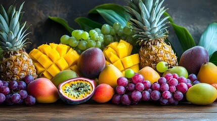 Assortment of Fresh Tropical Fruits on Wooden Table
