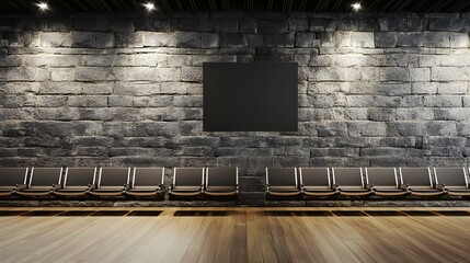 Black canvas on stone wall above row of chairs brick