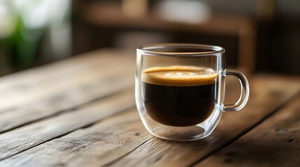Double wall glass cup filled with dark coffee on wooden table