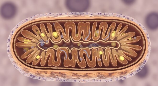 Mitochondrion cellular structure displaying detailed inner components like cristae and matrix for biological study and scientific illustration on bright background