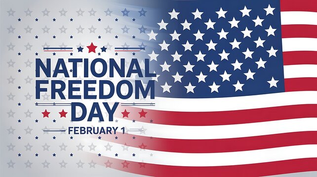 National freedom day patriotic announcement with waving flag and stars design elements celebrating American values of liberty and justice on February first for official holiday