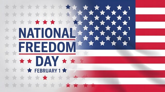 National freedom day celebration poster with American flag background and star elements honoring historical liberty milestones on February 1st in united states of America history
