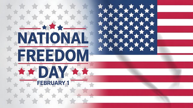 National freedom day commemorative banner with American flag and patriotic stars background celebrating thirteenth amendment ratification and civil rights history on February first