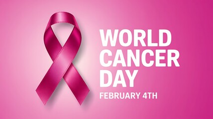 Breast cancer awareness concept with pink ribbon and text for world cancer day February fourth on gradient pink background for healthcare posters and medical campaign social media posts