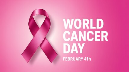 World cancer day awareness ribbon on pink background as international health observance held every February 4 to raise awareness of cancer and encourage prevention