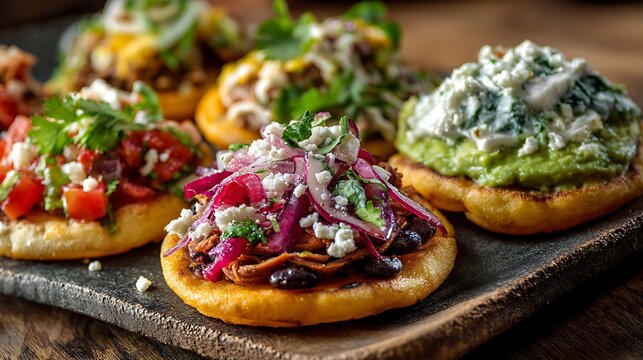 Assorted gourmet sope appetizers topped with fresh vegetables on a wooden platter.