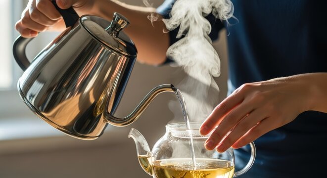 Person pouring hot tea from a silver kettle into a clear glass teapot with steam rising in a cozy