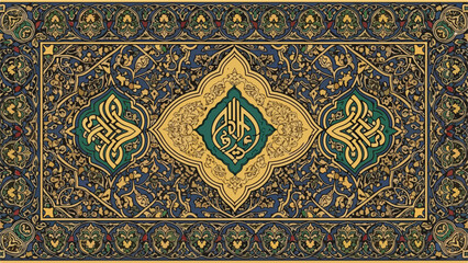 Obraz premium Intricate floral pattern with Arabic calligraphy on blue background