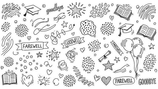 Black and white doodle elements for graduation and farewell themes.