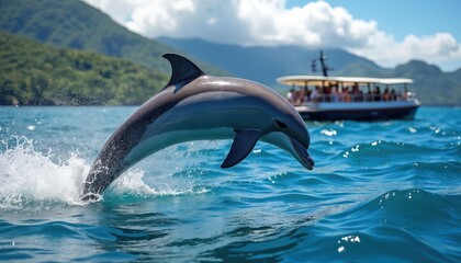 Fototapeta premium Dolphin jumps from blue ocean water near tourist boat. People watch marine mammal swimming in sea. Mountains on background, sunny day, ocean life.