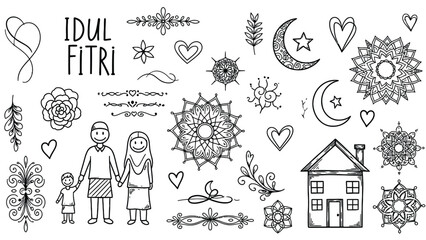 Obraz premium Eid al-Fitr celebration elements including family and traditional symbols.