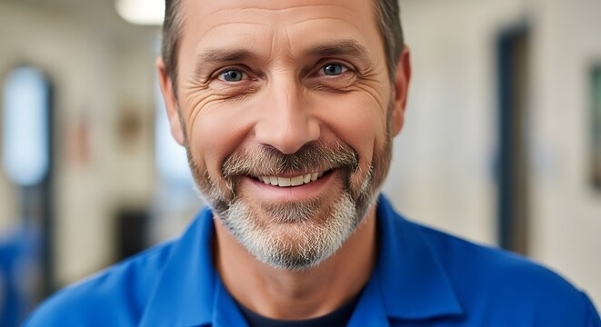 Close-up portrait of a smiling mature man with a beard and blue shirt, looking directly at camera in a bright professional environment.